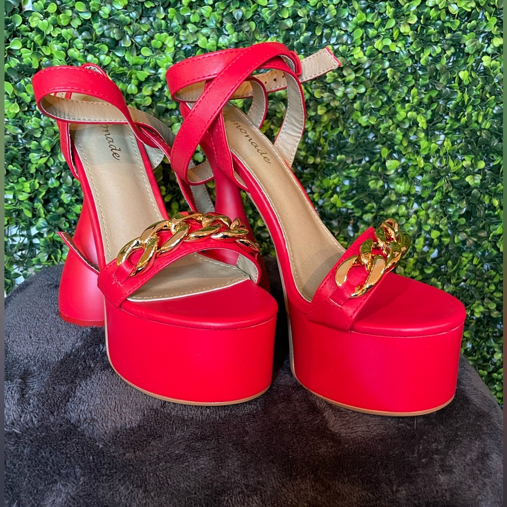 Red Chunky Heels with Gold Chain Unique Strappy